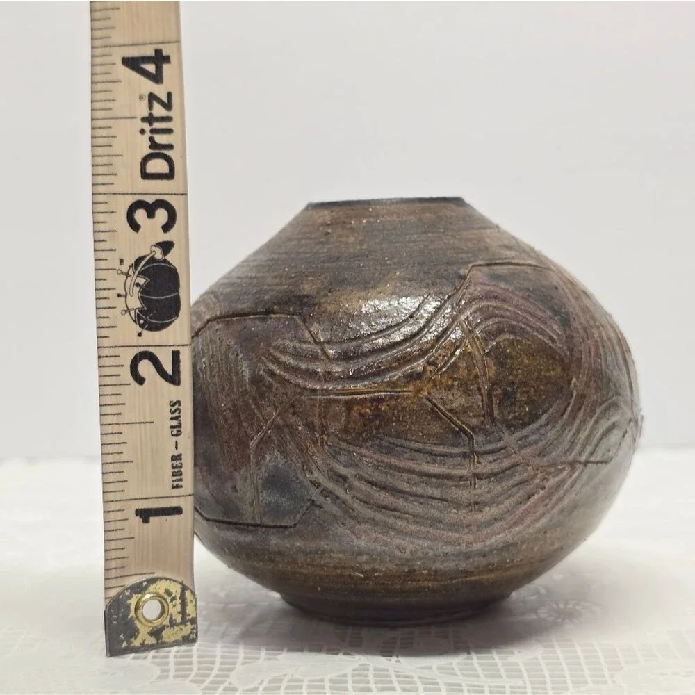 Vintage Studio Pottery Brown Textured Small Vase Rustic Cottage MCM Boho